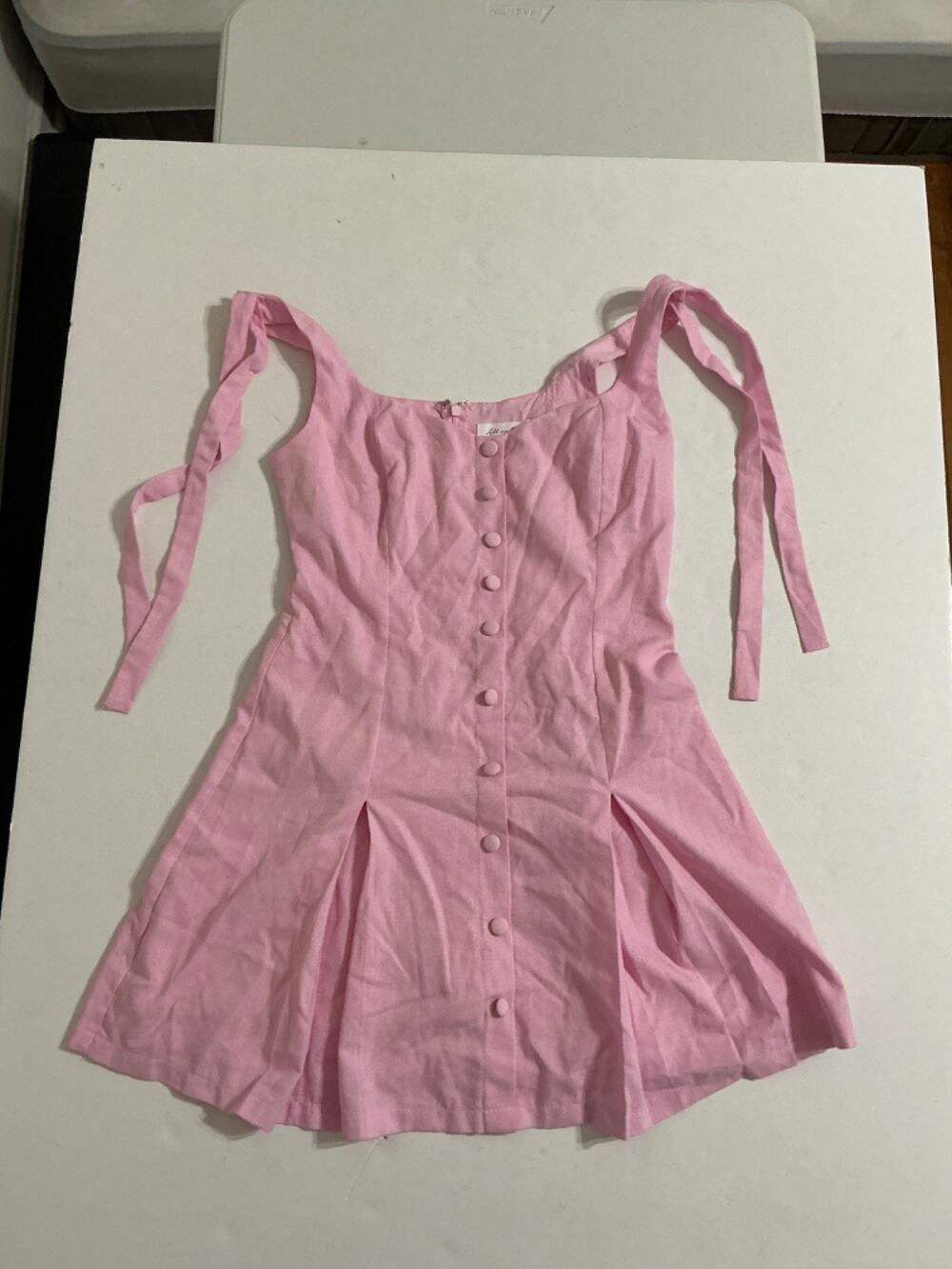All In Favor Icy Pink Linen Blend Tie Strap Button Front Mini Dress Women's S NW